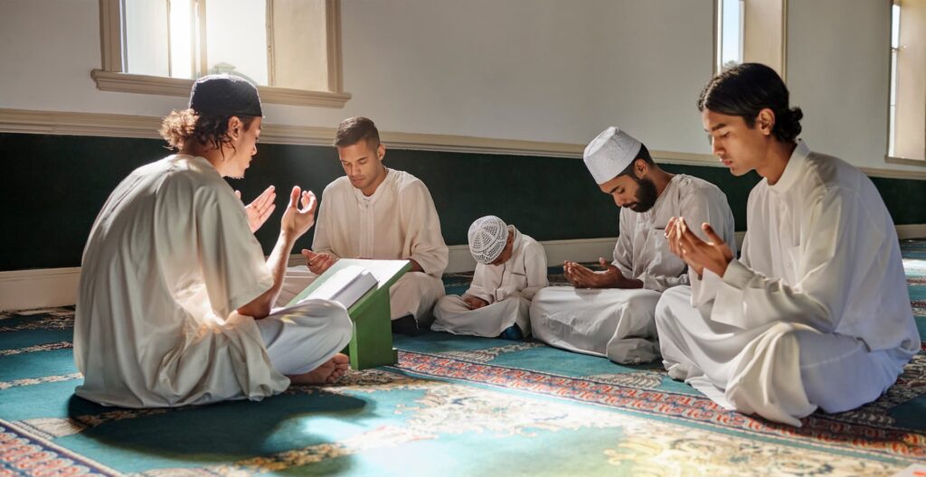 New muslims learning islam in masjid